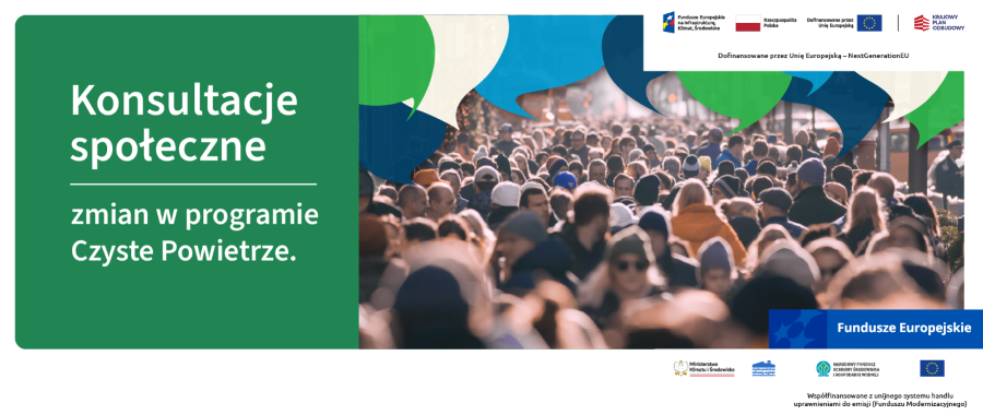 Tłum ludzi na miejskiej ulicy w zimowych ubraniach w słoneczny dzień oraz grafiki obrazujące dialog społeczny poprzez kolorowe dymki, a także znaki i logotypy instytucji dofinansowujących projekt